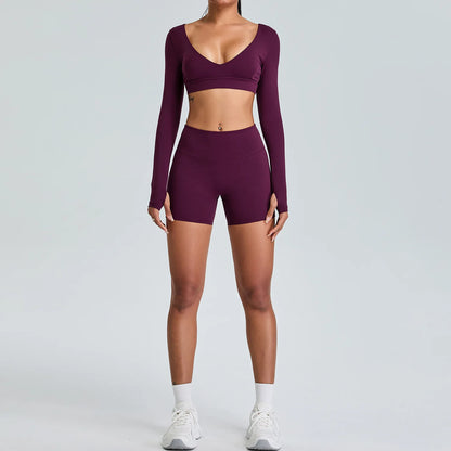2PCS V-Neck Gym Set – Top & Leggings / Top & Shorts Set