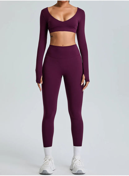 2PCS V-Neck Gym Set – Top & Leggings / Top & Shorts Set