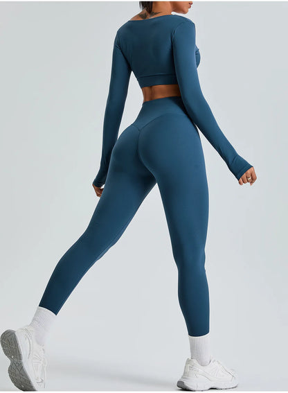 2PCS V-Neck Gym Set – Top & Leggings / Top & Shorts Set