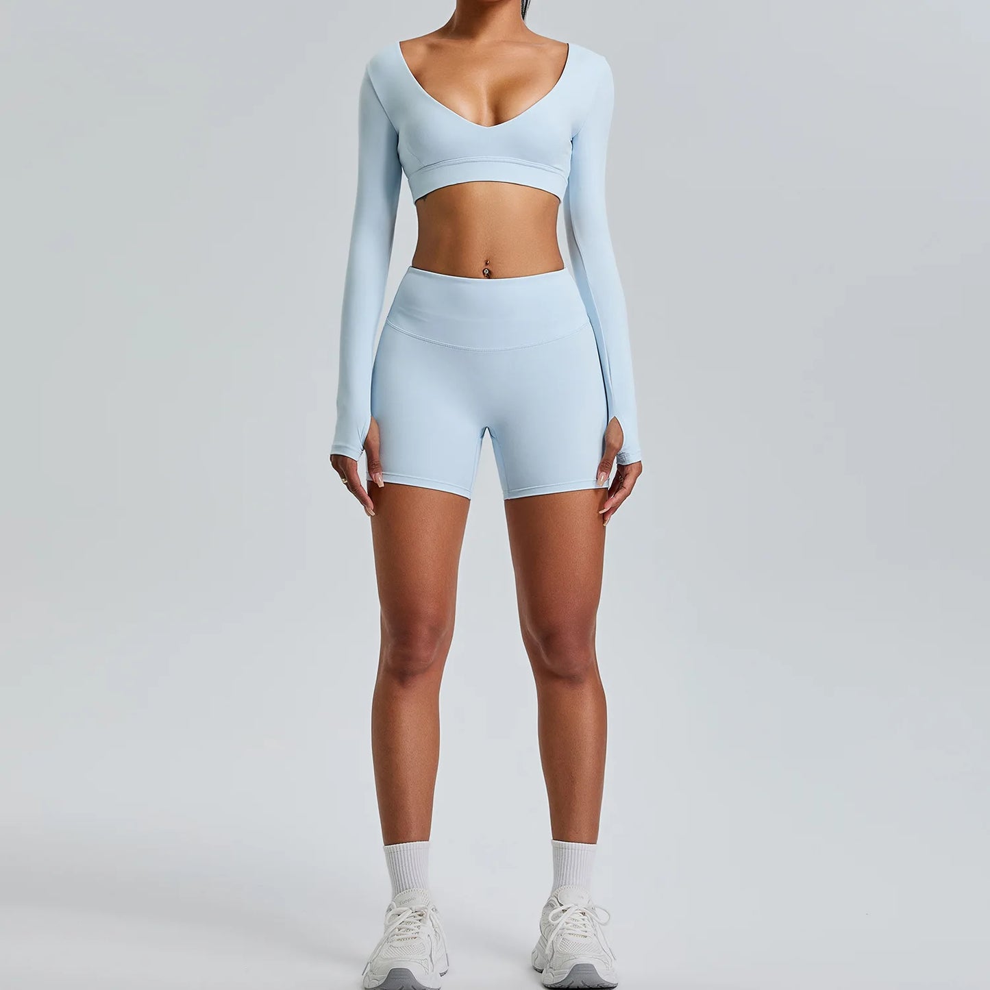 2PCS V-Neck Gym Set – Top & Leggings / Top & Shorts Set