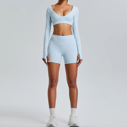 2PCS V-Neck Gym Set – Top & Leggings / Top & Shorts Set