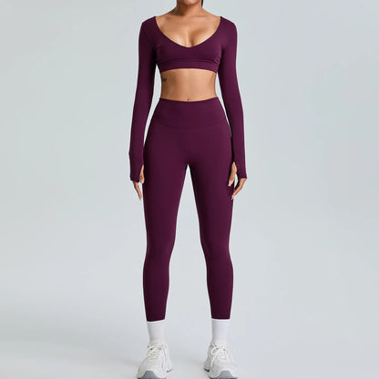 2PCS V-Neck Gym Set – Top & Leggings / Top & Shorts Set