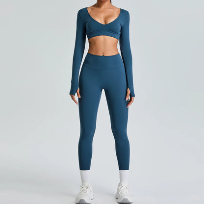 2PCS V-Neck Gym Set – Top & Leggings / Top & Shorts Set