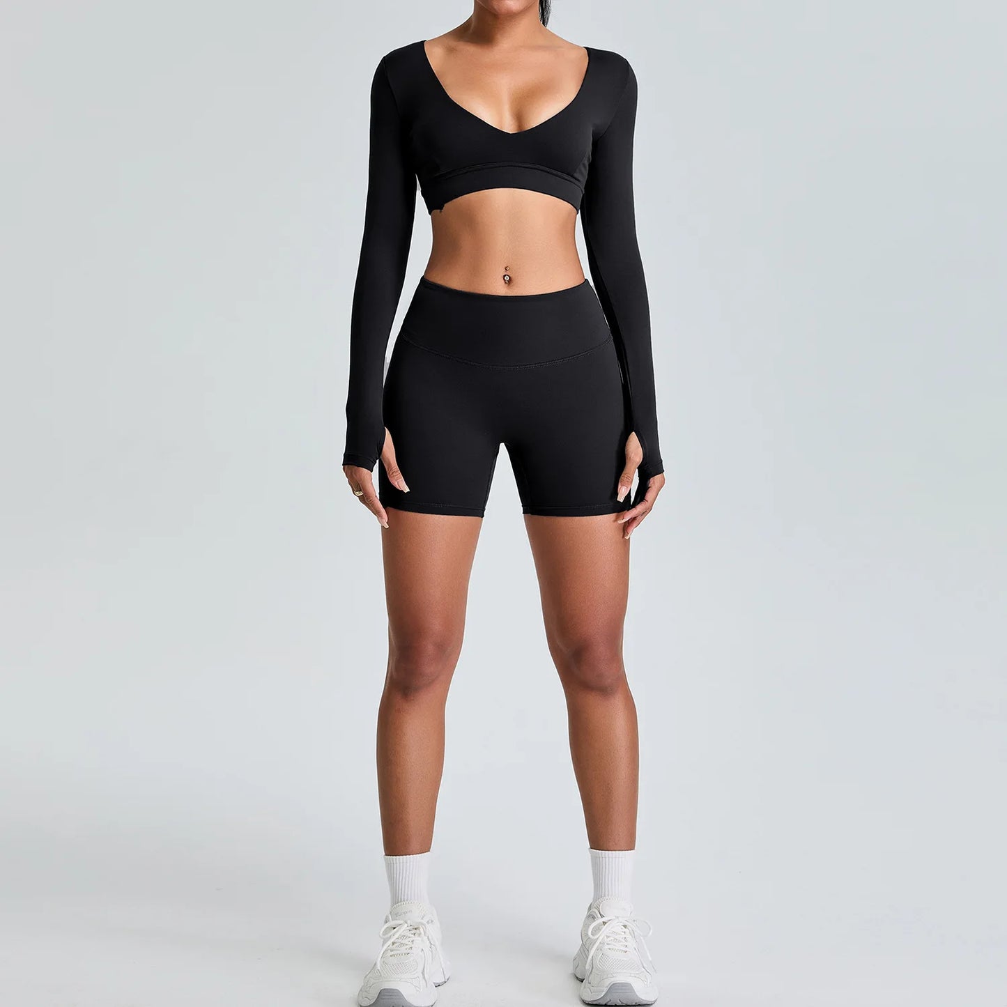 2PCS V-Neck Gym Set – Top & Leggings / Top & Shorts Set