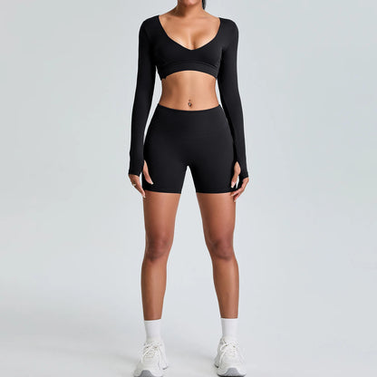 2PCS V-Neck Gym Set – Top & Leggings / Top & Shorts Set