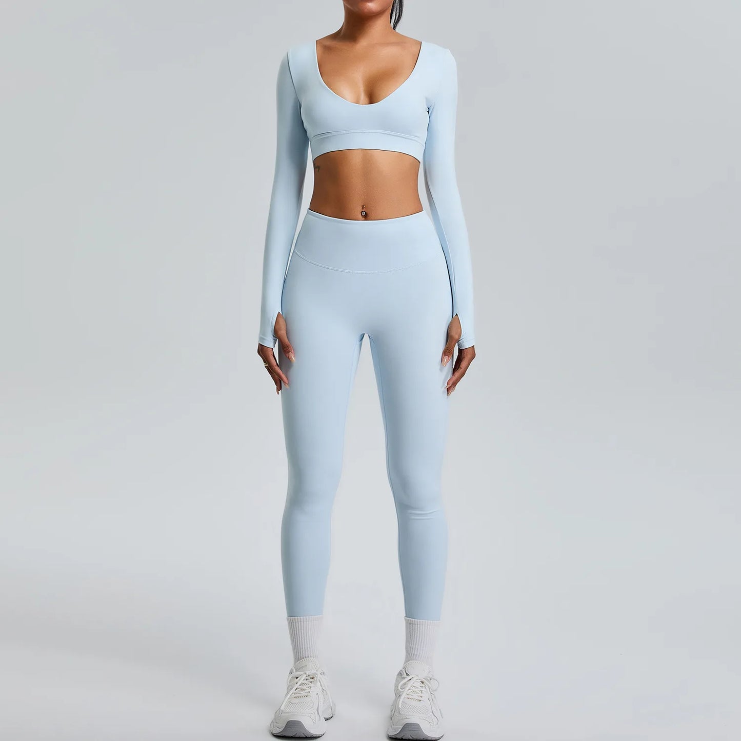 2PCS V-Neck Gym Set – Top & Leggings / Top & Shorts Set