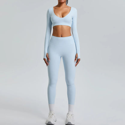 2PCS V-Neck Gym Set – Top & Leggings / Top & Shorts Set