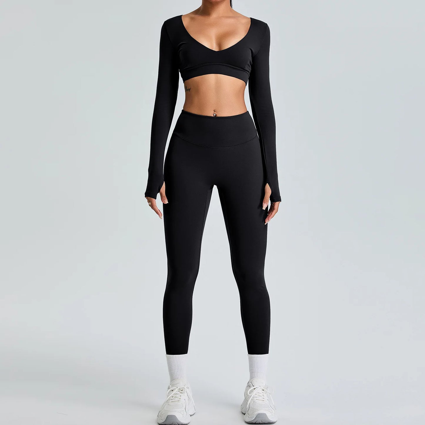 2PCS V-Neck Gym Set – Top & Leggings / Top & Shorts Set