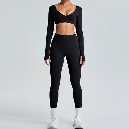 2PCS V-Neck Gym Set – Top & Leggings / Top & Shorts Set